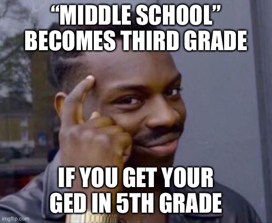 black guy pointing at head | “MIDDLE SCHOOL” BECOMES THIRD GRADE IF YOU GET YOUR GED IN 5TH GRADE | image tagged in black guy pointing at head | made w/ Imgflip meme maker