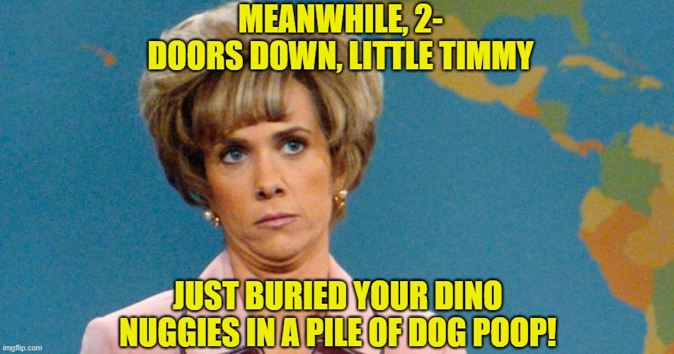 MEANWHILE, 2- DOORS DOWN, LITTLE TIMMY JUST BURIED YOUR DINO NUGGIES IN A PILE OF DOG POOP! | made w/ Imgflip meme maker