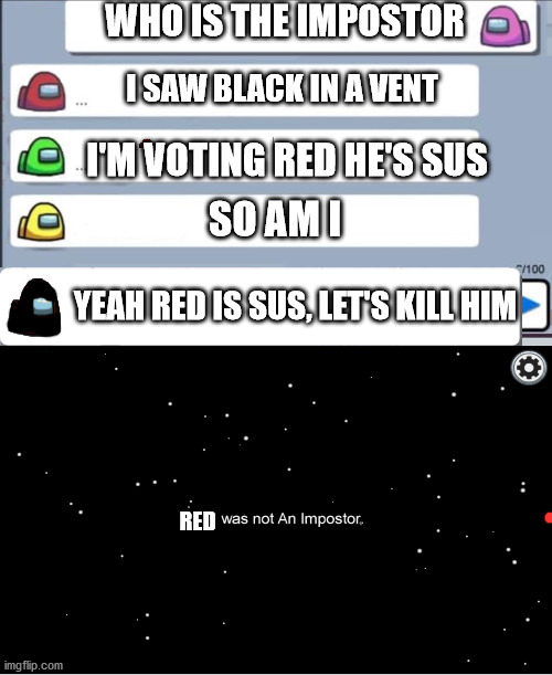 Among us Chat | WHO IS THE IMPOSTOR I SAW BLACK IN A VENT I'M VOTING RED HE'S SUS SO AM I YEAH RED IS SUS, LET'S KILL HIM RED | image tagged in among us chat | made w/ Imgflip meme maker