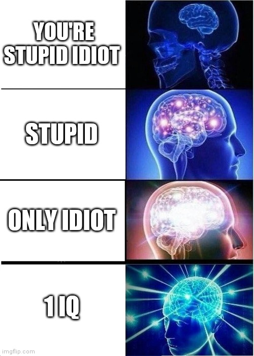 Jshdhsjdbcvxbjxjf | YOU'RE STUPID IDIOT; STUPID; ONLY IDIOT; 1 IQ | image tagged in memes,expanding brain | made w/ Imgflip meme maker