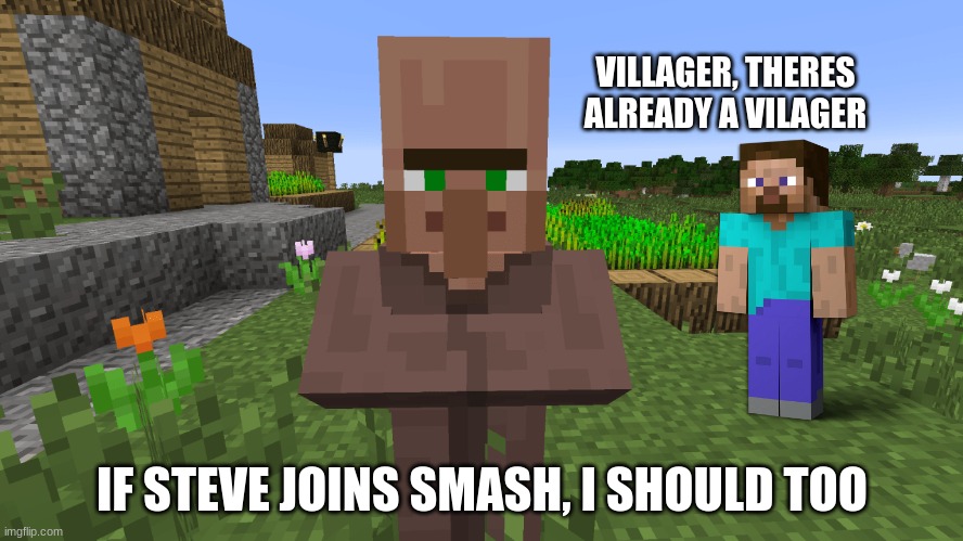 Villager's opinion on Steve's invite to smash | VILLAGER, THERES ALREADY A VILAGER; IF STEVE JOINS SMASH, I SHOULD TOO | image tagged in minecraft,minecraft steve,minecraft villagers,smash bros,memes | made w/ Imgflip meme maker