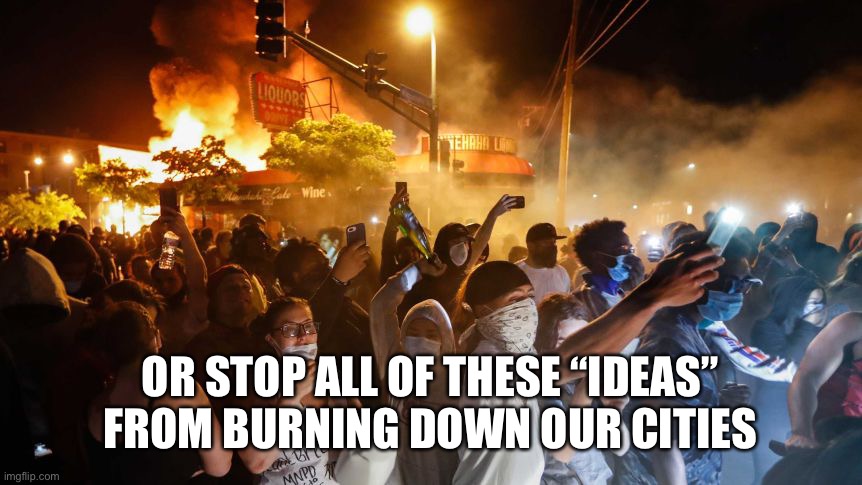 RiotersNoDistancing | OR STOP ALL OF THESE “IDEAS” FROM BURNING DOWN OUR CITIES | image tagged in riotersnodistancing | made w/ Imgflip meme maker