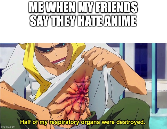 half of my respiratory organs were destroyed | ME WHEN MY FRIENDS SAY THEY HATE ANIME | image tagged in half of my respiratory organs were destroyed,mha,anime,friends,memes | made w/ Imgflip meme maker