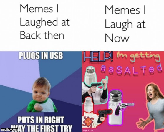 Memes I laughed at then vs memes I laugh at now | image tagged in memes i laughed at then vs memes i laugh at now,salt,surreal memes | made w/ Imgflip meme maker