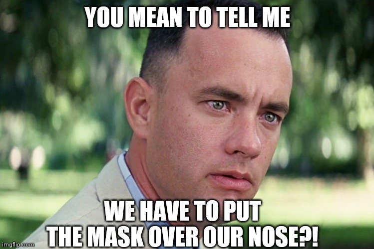 If u havent seen Forrest Gump yet then u should it is AWESOME | YOU MEAN TO TELL ME; WE HAVE TO PUT THE MASK OVER OUR NOSE?! | image tagged in memes,and just like that | made w/ Imgflip meme maker