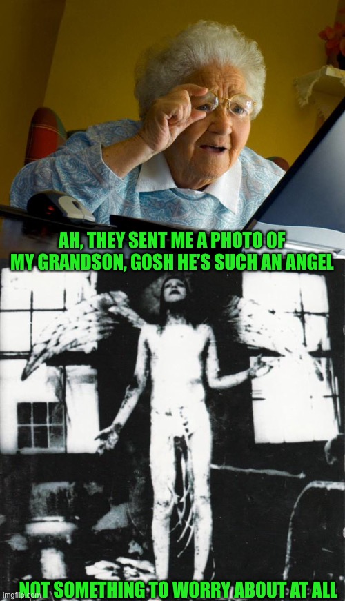 Im on my way down now, id like to take you with me - minute of decay | AH, THEY SENT ME A PHOTO OF MY GRANDSON, GOSH HE’S SUCH AN ANGEL; NOT SOMETHING TO WORRY ABOUT AT ALL | image tagged in old lady at computer finds the internet | made w/ Imgflip meme maker