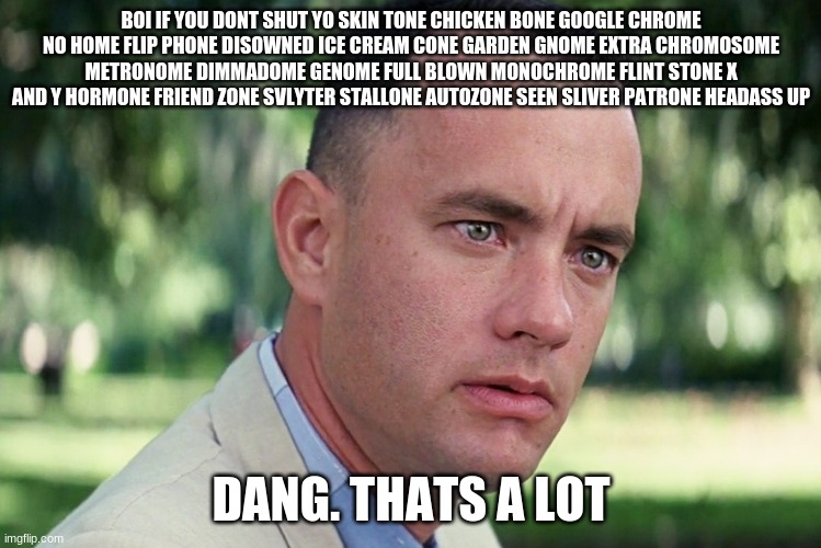 boi if you dont shut yo skin tone chicken bone google chrome no home flip phone disowned ice cream cone garden gnome extra chrom | BOI IF YOU DONT SHUT YO SKIN TONE CHICKEN BONE GOOGLE CHROME NO HOME FLIP PHONE DISOWNED ICE CREAM CONE GARDEN GNOME EXTRA CHROMOSOME METRONOME DIMMADOME GENOME FULL BLOWN MONOCHROME FLINT STONE X AND Y HORMONE FRIEND ZONE SVLYTER STALLONE AUTOZONE SEEN SLIVER PATRONE HEADASS UP; DANG. THATS A LOT | image tagged in memes,and just like that | made w/ Imgflip meme maker