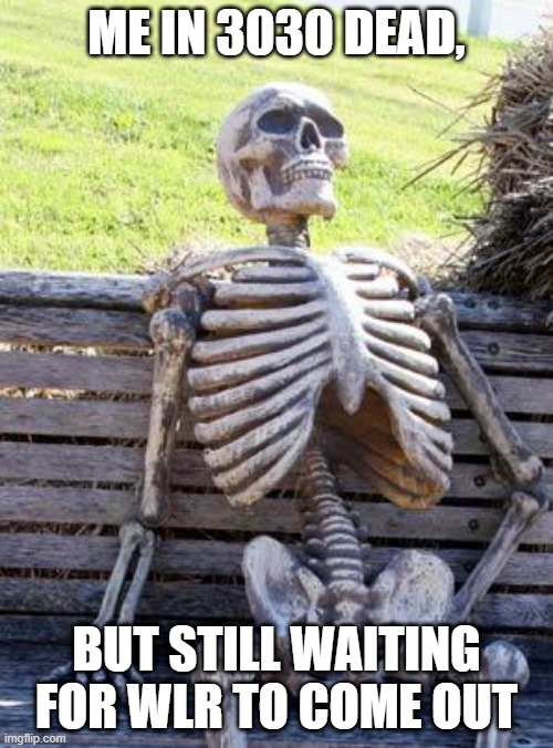 Waiting Skeleton Meme | ME IN 3030 DEAD, BUT STILL WAITING FOR WLR TO COME OUT | image tagged in memes,waiting skeleton | made w/ Imgflip meme maker