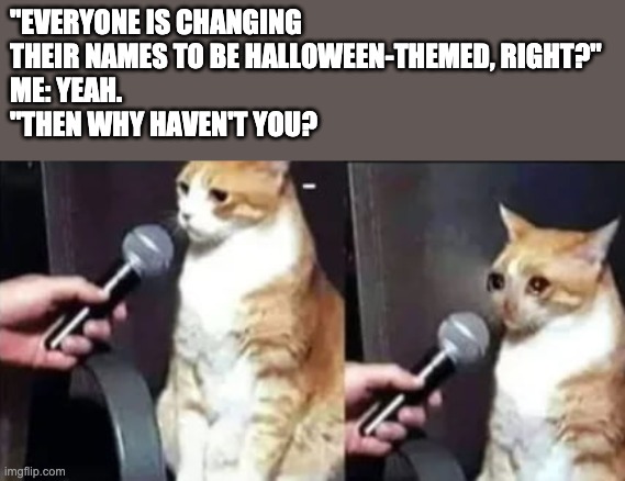 "EVERYONE IS CHANGING THEIR NAMES TO BE HALLOWEEN-THEMED, RIGHT?"
ME: YEAH.
"THEN WHY HAVEN'T YOU? | made w/ Imgflip meme maker