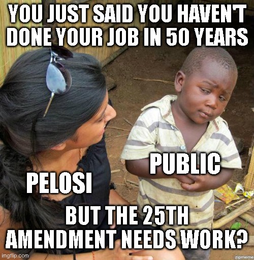 black kid | YOU JUST SAID YOU HAVEN'T DONE YOUR JOB IN 50 YEARS; PUBLIC; PELOSI; BUT THE 25TH AMENDMENT NEEDS WORK? | image tagged in black kid | made w/ Imgflip meme maker