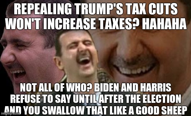 Assad laugh | REPEALING TRUMP'S TAX CUTS WON'T INCREASE TAXES? HAHAHA NOT ALL OF WHO? BIDEN AND HARRIS REFUSE TO SAY UNTIL AFTER THE ELECTION AND YOU SWAL | image tagged in assad laugh | made w/ Imgflip meme maker