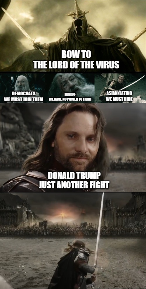 Fighting Virus | BOW TO
THE LORD OF THE VIRUS; DEMOCRATS
WE MUST JOIN THEM; ASIAN/LATINO
WE MUST HIDE; EUROPE
WE HAVE NO POWER TO FIGHT; DONALD TRUMP
JUST ANOTHER FIGHT | image tagged in donald trump,the lord of the rings,coronavirus | made w/ Imgflip meme maker