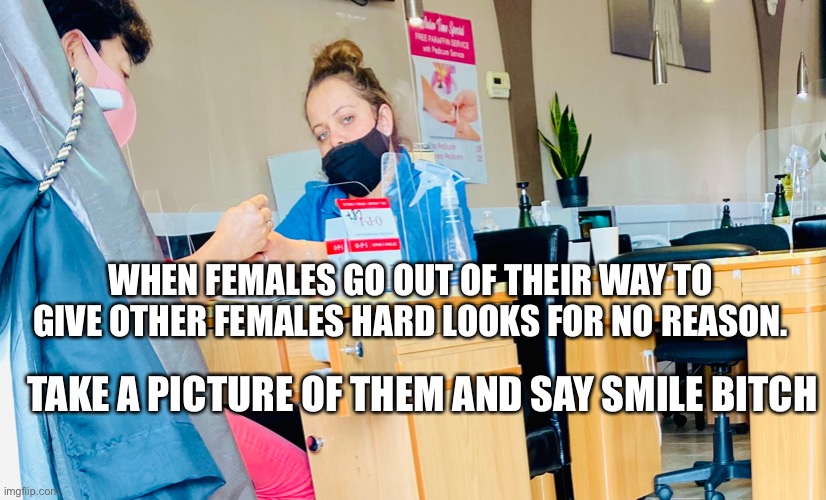 Females acting like other females are competition | WHEN FEMALES GO OUT OF THEIR WAY TO GIVE OTHER FEMALES HARD LOOKS FOR NO REASON. TAKE A PICTURE OF THEM AND SAY SMILE BITCH | image tagged in haters gonna hate | made w/ Imgflip meme maker