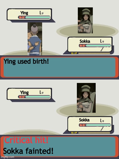 You have no idea how long ive been waiting to make this |  Ying; Sokka; Ying used birth! Ying; Sokka; Critical hit! Sokka fainted! | image tagged in pokemon battle | made w/ Imgflip meme maker