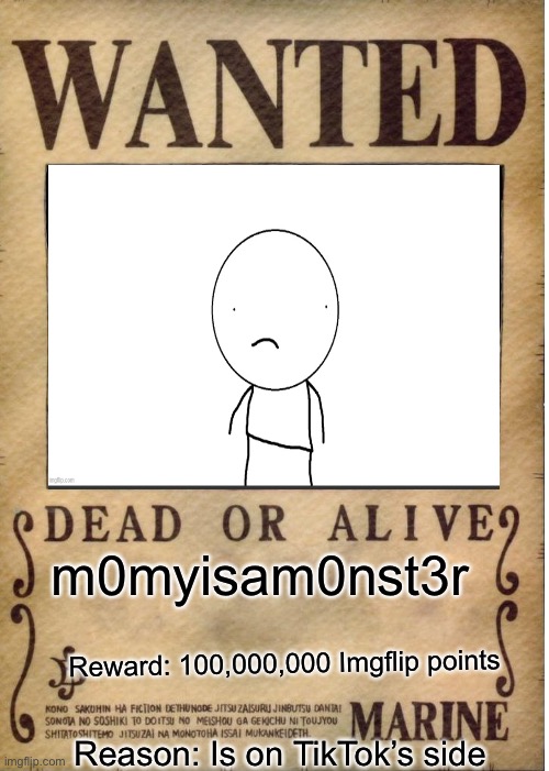 A traitor is among us. | m0myisam0nst3r; Reward: 100,000,000 Imgflip points; Reason: Is on TikTok’s side | image tagged in one piece wanted poster template | made w/ Imgflip meme maker