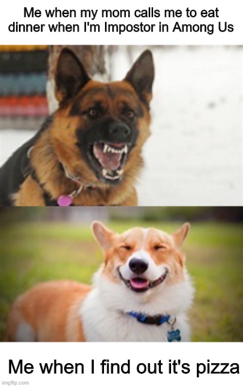 Me | Me when my mom calls me to eat dinner when I'm Impostor in Among Us; Me when I find out it's pizza | image tagged in dog,memes,among us | made w/ Imgflip meme maker