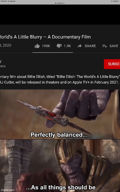 199k-1.9k | image tagged in thanos perfectly balanced as all things should be | made w/ Imgflip meme maker