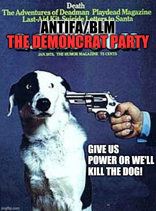 The Leftist Are Attempting To Hold The U.S.A Hostage | ANTIFA/BLM; THE DEMONCRAT PARTY; GIVE US POWER OR WE'LL KILL THE DOG! | image tagged in democrats,antifa,blm,black lives matter,drstrangmeme | made w/ Imgflip meme maker