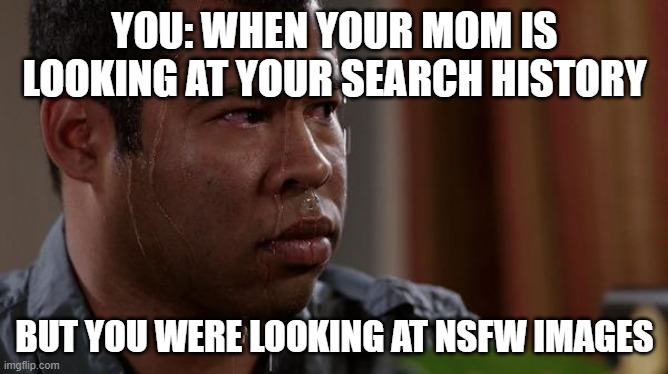 sweating bullets | YOU: WHEN YOUR MOM IS LOOKING AT YOUR SEARCH HISTORY; BUT YOU WERE LOOKING AT NSFW IMAGES | image tagged in sweating bullets | made w/ Imgflip meme maker
