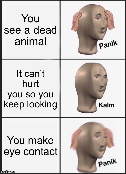 panik | You see a dead animal; It can’t hurt you so you keep looking; You make eye contact | image tagged in memes,panik kalm panik,dead,funny,meme man,scary | made w/ Imgflip meme maker