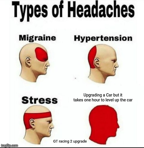 GT racing 2 | Upgrading a Car but it takes one hour to level up the car; GT racing 2 upgrade | image tagged in types of headaches meme | made w/ Imgflip meme maker