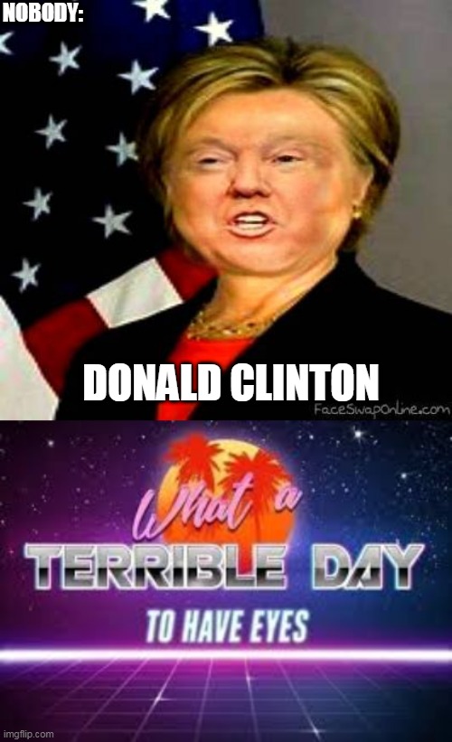 I miss the last ten seconds... | NOBODY:; DONALD CLINTON | image tagged in what a terrible day to have eyes,donald trump,clinton,memes | made w/ Imgflip meme maker