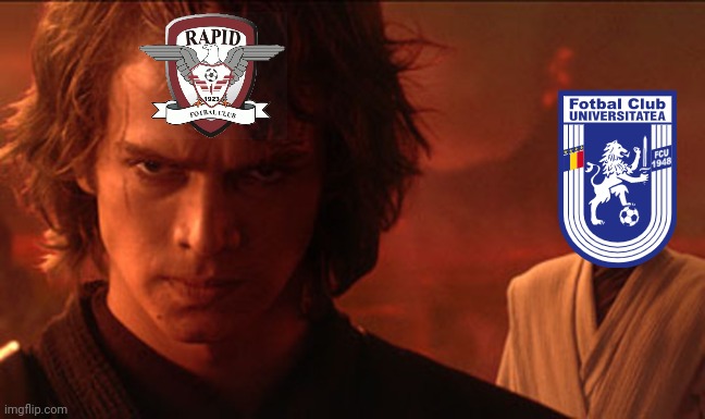 Universitatea Craiova vs Rapid Bucharest - the battle for promotion in Liga 1 Romania | image tagged in anakin and obiwan talking before fight,memes,football,soccer,romania | made w/ Imgflip meme maker
