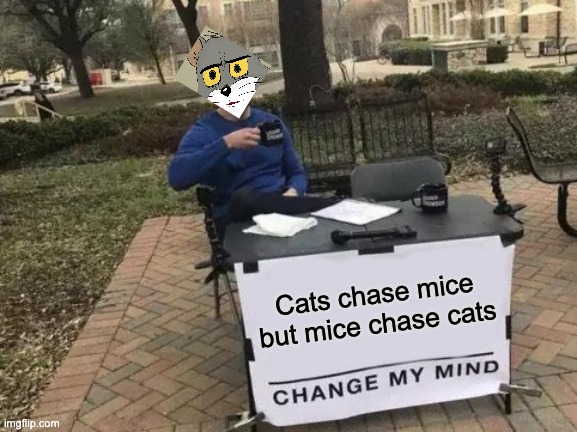 Change My Mind | Cats chase mice but mice chase cats | image tagged in memes,change my mind | made w/ Imgflip meme maker