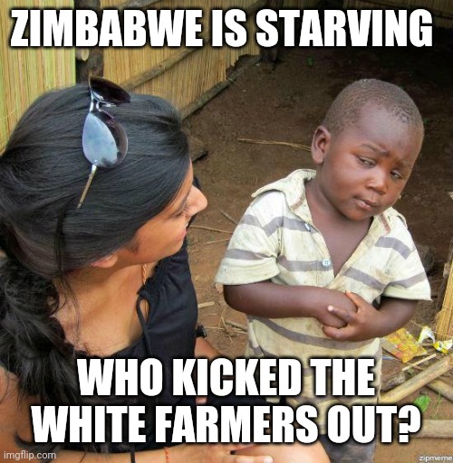 black kid | ZIMBABWE IS STARVING; WHO KICKED THE WHITE FARMERS OUT? | image tagged in black kid | made w/ Imgflip meme maker