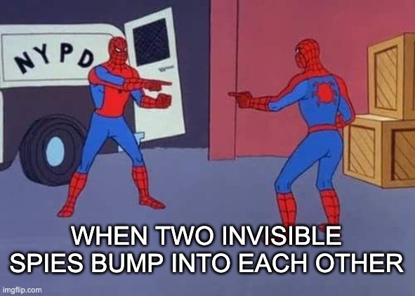 Ok | WHEN TWO INVISIBLE SPIES BUMP INTO EACH OTHER | image tagged in spiderman mirror | made w/ Imgflip meme maker