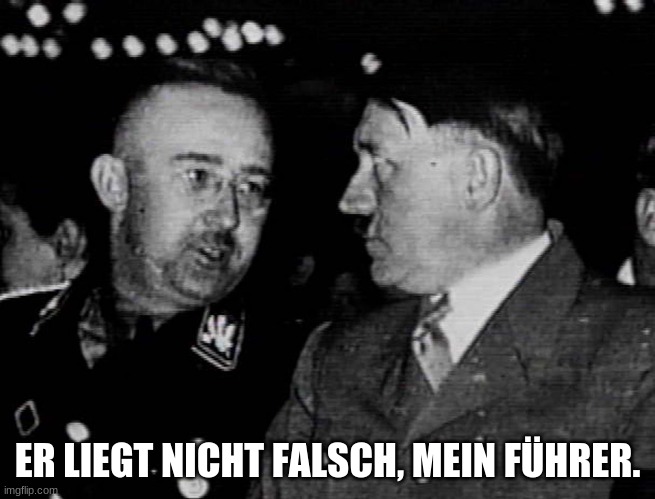 Grammar Nazis Himmler and Hitler | ER LIEGT NICHT FALSCH, MEIN FÜHRER. | image tagged in grammar nazis himmler and hitler | made w/ Imgflip meme maker