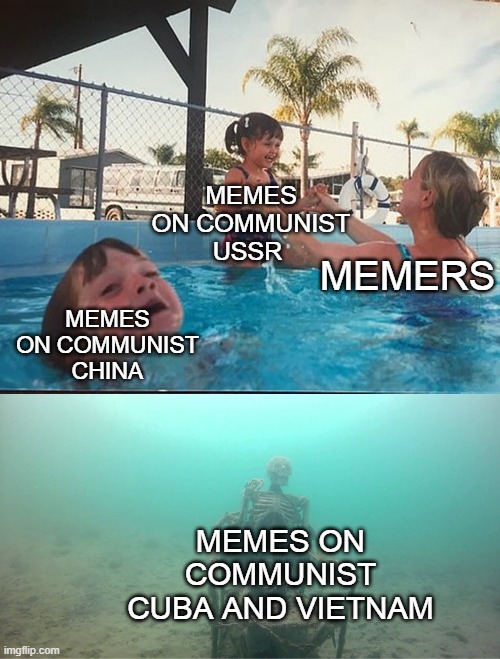 Everyone makes memes on the USSR | MEMES ON COMMUNIST USSR; MEMERS; MEMES ON COMMUNIST CHINA; MEMES ON COMMUNIST CUBA AND VIETNAM | image tagged in mother ignoring kid drowning in a pool | made w/ Imgflip meme maker