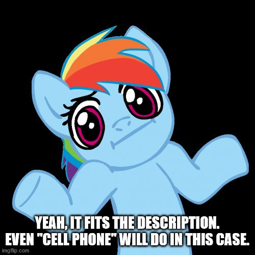 Pony Shrugs Meme | YEAH, IT FITS THE DESCRIPTION. EVEN "CELL PHONE" WILL DO IN THIS CASE. | image tagged in memes,pony shrugs | made w/ Imgflip meme maker