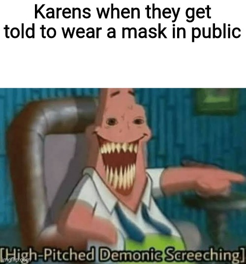 Karens | Karens when they get told to wear a mask in public | image tagged in high-pitched demonic screeching,karens | made w/ Imgflip meme maker