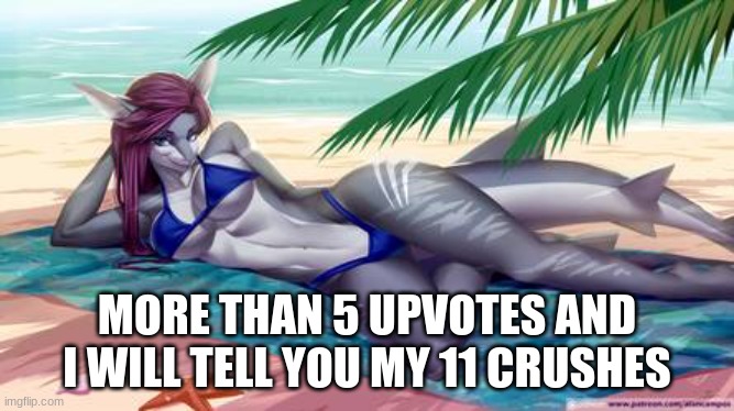 I promise you might kno one o them | MORE THAN 5 UPVOTES AND I WILL TELL YOU MY 11 CRUSHES | image tagged in furry,furry shark,memes | made w/ Imgflip meme maker