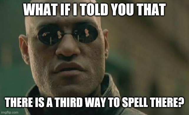 Matrix Morpheus Meme | WHAT IF I TOLD YOU THAT THERE IS A THIRD WAY TO SPELL THERE? | image tagged in memes,matrix morpheus | made w/ Imgflip meme maker