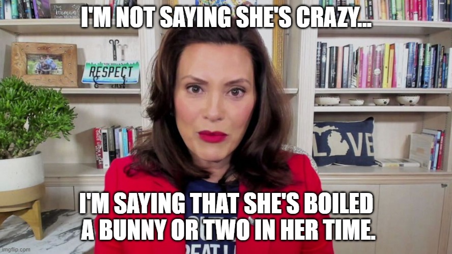 Whiitmer | I'M NOT SAYING SHE'S CRAZY... I'M SAYING THAT SHE'S BOILED
 A BUNNY OR TWO IN HER TIME. | image tagged in whiitmer | made w/ Imgflip meme maker