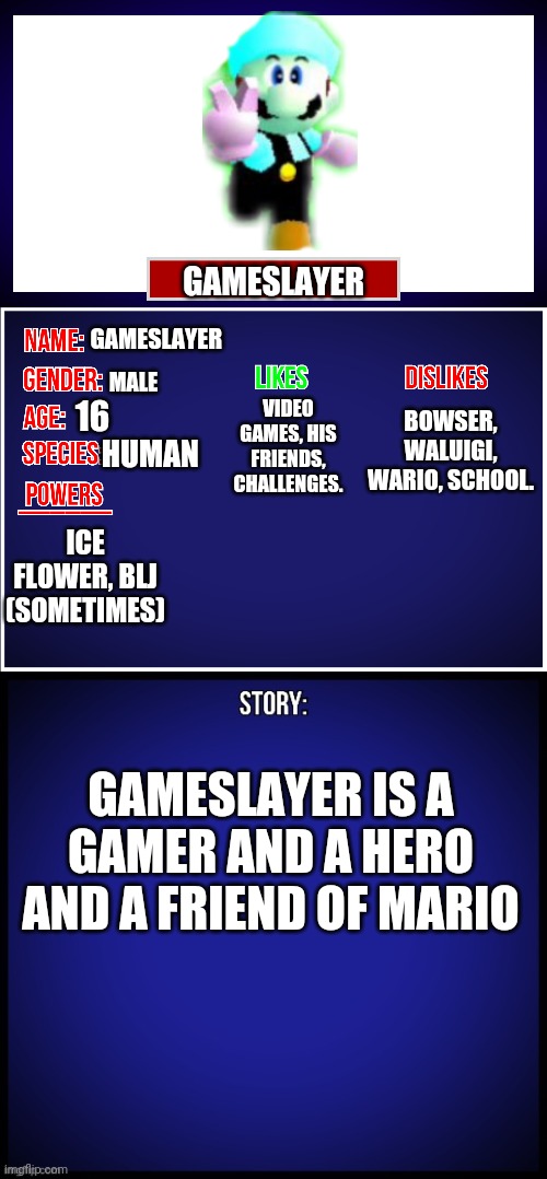 Gameslayer bio | GAMESLAYER; GAMESLAYER; MALE; VIDEO GAMES, HIS FRIENDS, CHALLENGES. BOWSER, WALUIGI, WARIO, SCHOOL. 16; HUMAN; ICE FLOWER, BLJ (SOMETIMES); GAMESLAYER IS A GAMER AND A HERO AND A FRIEND OF MARIO | image tagged in oc full showcase,memes,mario,funny | made w/ Imgflip meme maker