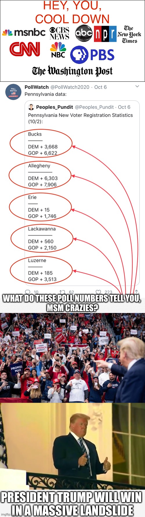 President Donald J. Trump will win in a massive landslide! Here’s the proof. | WHAT DO THESE POLL NUMBERS TELL YOU, 
MSM CRAZIES? PRESIDENT TRUMP WILL WIN 
IN A MASSIVE LANDSLIDE | image tagged in president trump,donald trump,trump,presidential election,election 2020,trump 2020 | made w/ Imgflip meme maker