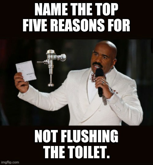 Family Feud Potty Edition | NAME THE TOP FIVE REASONS FOR; NOT FLUSHING THE TOILET. | image tagged in steve harvey,urinal,commode,work,school | made w/ Imgflip meme maker