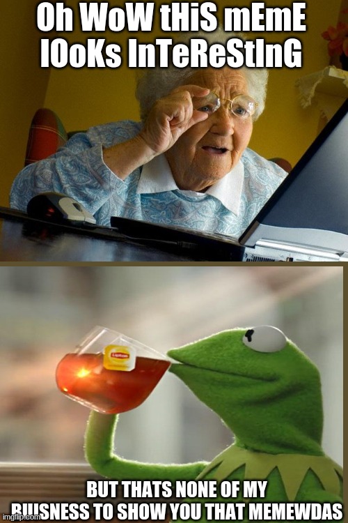 Scroll, i dare you | Oh WoW tHiS mEmE lOoKs InTeReStInG; BUT THATS NONE OF MY BUISNESS TO SHOW YOU THAT MEMEWDAS | image tagged in memes,grandma finds the internet | made w/ Imgflip meme maker