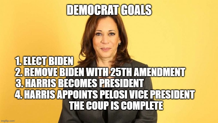 Coup Accomplished | DEMOCRAT GOALS; 1. ELECT BIDEN                                                                        
2. REMOVE BIDEN WITH 25TH AMENDMENT            
3. HARRIS BECOMES PRESIDENT                                  
4. HARRIS APPOINTS PELOSI VICE PRESIDENT       


     THE COUP IS COMPLETE | image tagged in biden,harris,pelosi,election,revolution,political meme | made w/ Imgflip meme maker