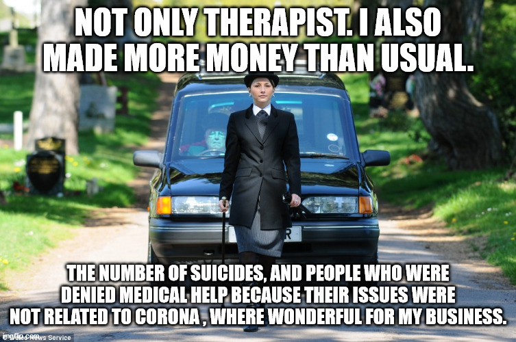 NOT ONLY THERAPIST. I ALSO MADE MORE MONEY THAN USUAL. THE NUMBER OF SUICIDES, AND PEOPLE WHO WERE DENIED MEDICAL HELP BECAUSE THEIR ISSUES  | made w/ Imgflip meme maker