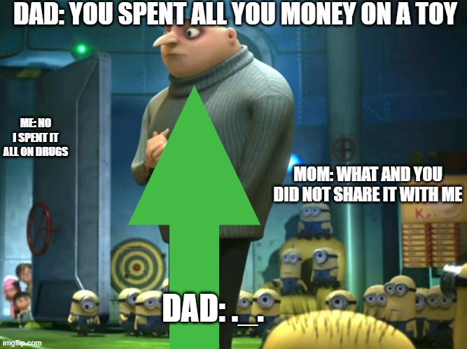 What | DAD: YOU SPENT ALL YOU MONEY ON A TOY; ME: NO I SPENT IT ALL ON DRUGS; MOM: WHAT AND YOU DID NOT SHARE IT WITH ME; DAD: ._. | image tagged in in terms of money we have no money | made w/ Imgflip meme maker
