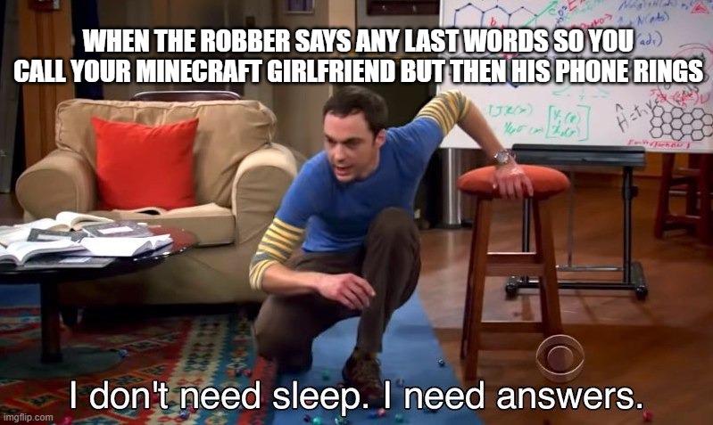 I need answers | WHEN THE ROBBER SAYS ANY LAST WORDS SO YOU CALL YOUR MINECRAFT GIRLFRIEND BUT THEN HIS PHONE RINGS | image tagged in i don't need sleep i need answers | made w/ Imgflip meme maker