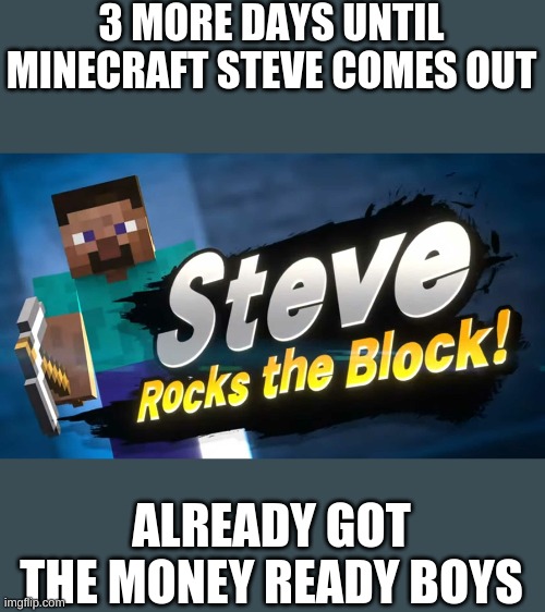 we gettin close | 3 MORE DAYS UNTIL MINECRAFT STEVE COMES OUT; ALREADY GOT THE MONEY READY BOYS | image tagged in super smash bros,minecraft steve,minecraft | made w/ Imgflip meme maker