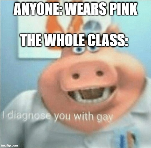 I diagnose you with gay |  ANYONE: WEARS PINK; THE WHOLE CLASS: | image tagged in i diagnose you with gay | made w/ Imgflip meme maker