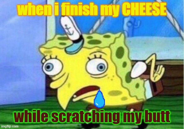 Mocking Spongebob Meme | when i finish my CHEESE; while scratching my butt | image tagged in memes,mocking spongebob | made w/ Imgflip meme maker
