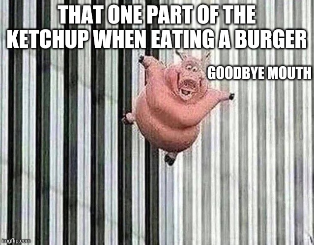 Falling Pig | THAT ONE PART OF THE KETCHUP WHEN EATING A BURGER; GOODBYE MOUTH | image tagged in falling pig | made w/ Imgflip meme maker