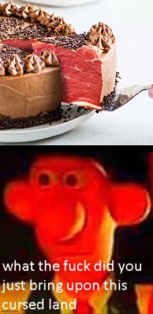 everything isn't cake. everything is steak | image tagged in what the f k did you just bring upon this cursed land,steak,cake,funny memes,memes,funny | made w/ Imgflip meme maker